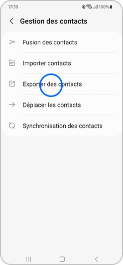 Sélection de l'exportation de contacts d'un smartphone Samsung