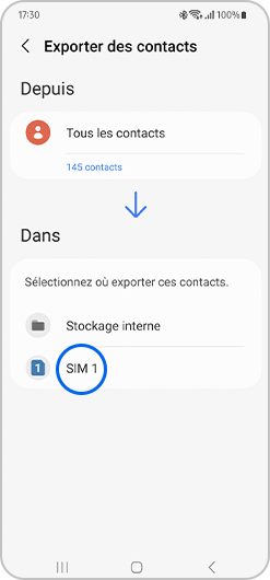 Sélection de la carte SIM pour exporter des contacts d'un smartphone Samsung