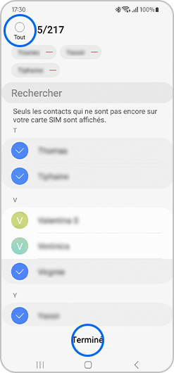 Validation de l'exportation de contacts d'un smartphone Samsung