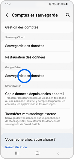 Sélection de la sauvegarde des données via Google sur un smartphone Samsung