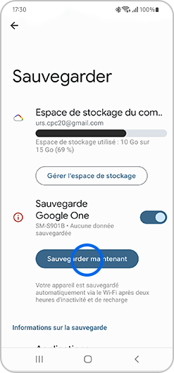 Sauvegarde des données via Google sur un smartphone Samsung