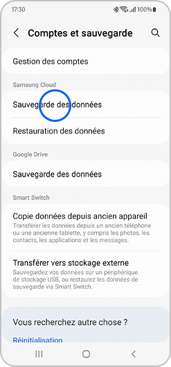 Sélection de l'option Sauvegarde des données d'un smartphone Samsung