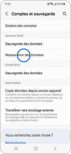 Sélection de restauration des données d'un smartphone Samsung