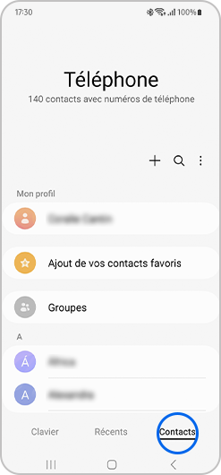 Aperçu des contacts d'un smartphone Samsung