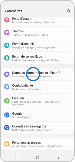 Image du menu des Paramètres avec Données biométriques et sécutié en surbrillance