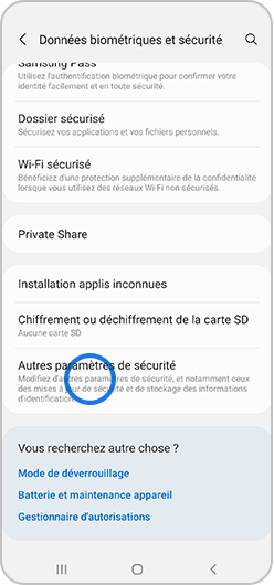Image du menu des Données biométriques et sécurité avece Autres paramètres de sécurité en surbrillance