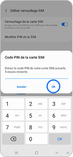 Image d'une fenêtre pop-up montrant qu'il faut entrer le code PIN de la carte SIM actuelle afin de modifier le code PIN.