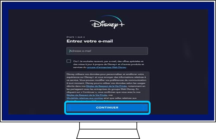 E -mail cím megadása a Disney+ fiók létrehozására a Samsung TV -n