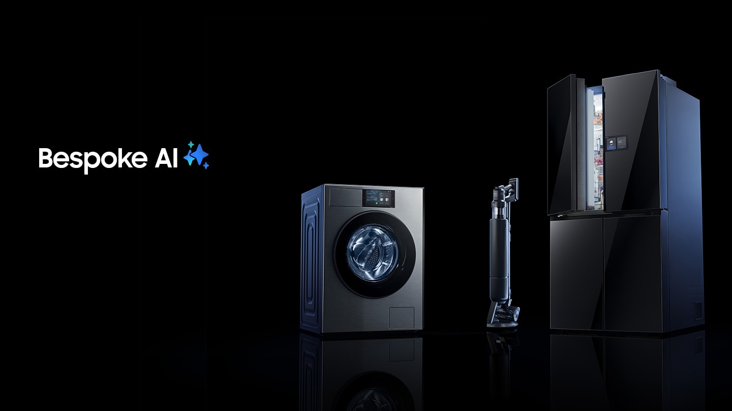 La gamme de produits Bespoke AI de Samsung montre : Bespoke AI Laundry, Bespoke Smart Dishwasher, Bespoke Jet Bot Combo AI Robot Vacuum Cleaner, Bespoke Induction Range et Bespoke 4-Door French-Door Refrigerator. Logo Bespoke AI.