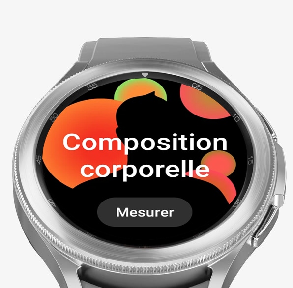 La face avant du cadran de la Galaxy Watch 4 Classic est représentée avec la fonction de composition corporelle activée, en attente de mesure de bio-impédance.