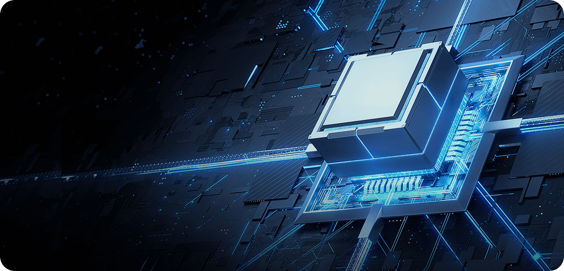 Producto chipset en el lateral y efectos gráficos a su alrededor