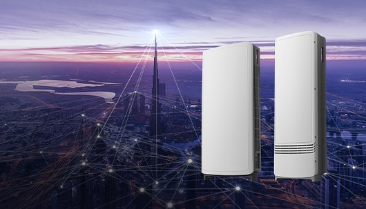 Massive MIMO Unit with a city connected by 5G as a background.