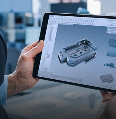 A photo image holding a tablet screen showing 3D modeling image.