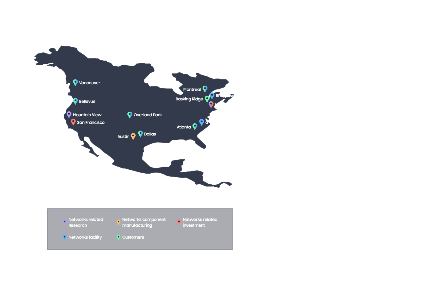 An image showing the locations of network-related facilities on an illustration of the North America area.