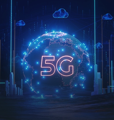 An illustrative image of 5G written on the blue-lighted Earth.
