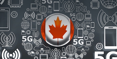 An image of the Canadian flag on top of a background image related to 5G, mobile phones, and Wi-Fi.