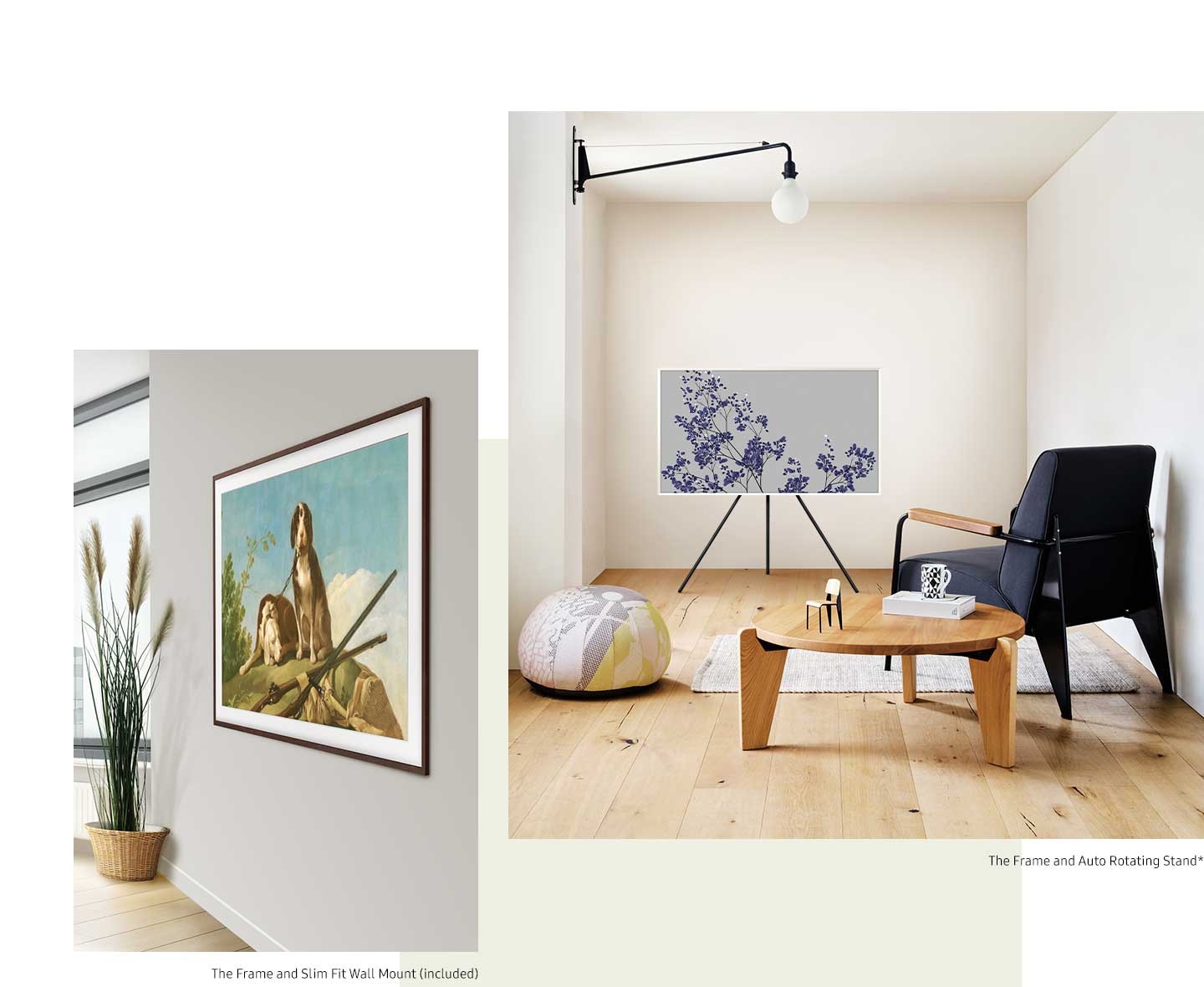 The Frame est accroché au mur avec le support mural Slim Fit, fourni avec l’écran. The Frame posé sur un pied auto-pivotant bascule du mode portrait au mode paysage*. 