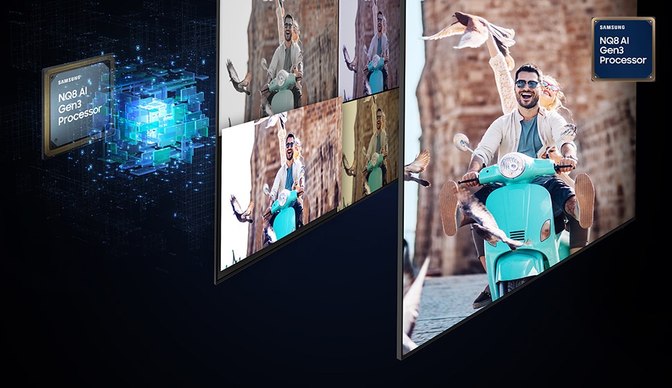 Samsung NQ8 AI Gen3 Processor detects a scene of a man and a woman on a motorcycle and optimizes the picture quality according to genre.