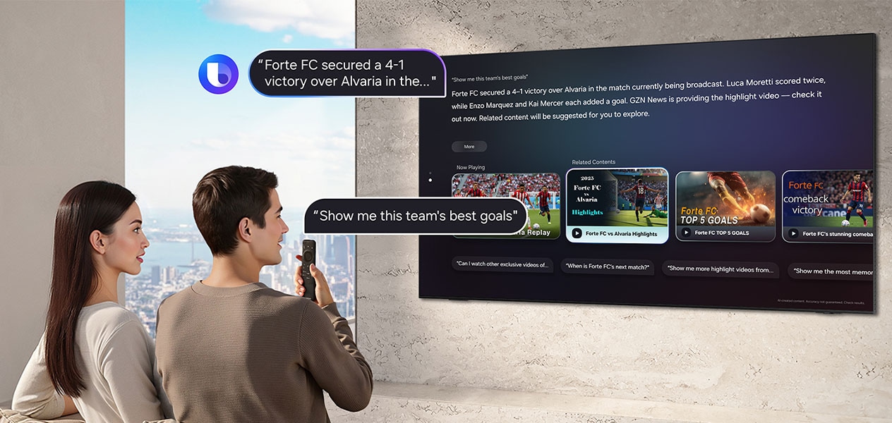 Eine Person sitzt im Wohnzimmer. Sie spricht Folgendes in die TV-Fernbedienung: „Zeige mir die besten Tore dieses Teams.“ Bixby mit Bixby-Logo antwortet auf dem großen Samsung TV: „Forte FC sicherte sich einen 4:1-Sieg gegen Alvaria in …“ Der Sprachassistenzdienst zeigt die Antwort zusammen mit weiteren Details.