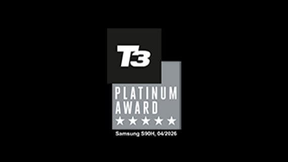 T3 Platium Award 2026 logo, indicating that the Samsung OLED S90H received the T3 Platium Award 2026.