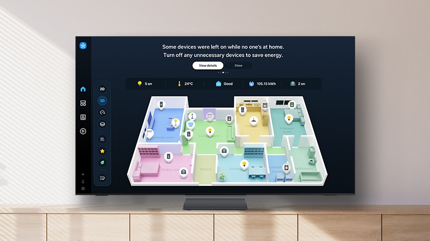 Smart home map view on TV. Some devices were left on while no one's at home. Turn off any unnecessary devices to save energy.
