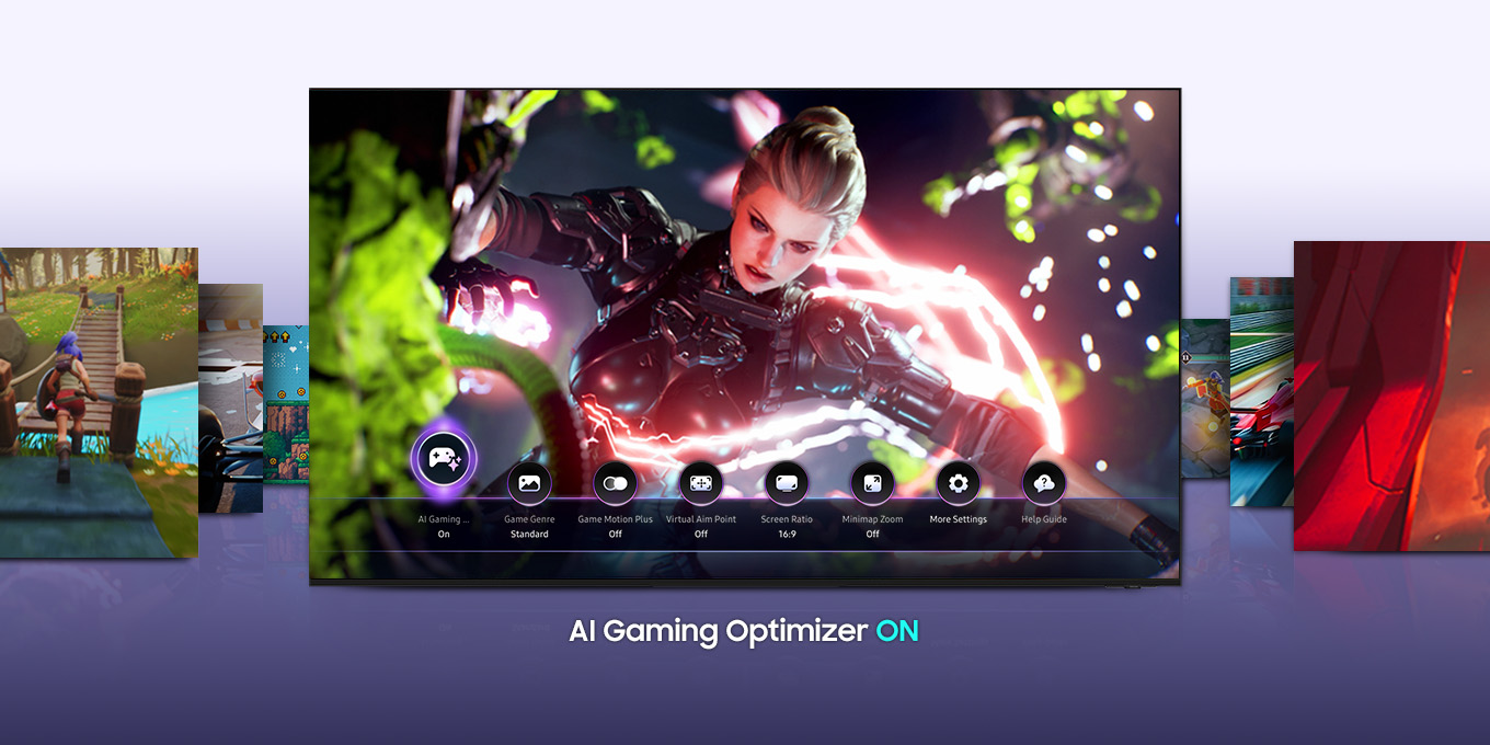 يعرض تلفزيون Samsung TV لعبة حركة مُحسَّنة مع تشغيل ميزة AI Gaming Optimizer في شريط الإعدادات. وحوله، تعرض المزيد من الشاشات ألعاباً أخرى.