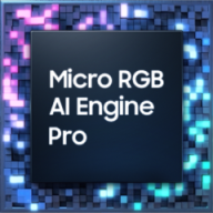 تظهر شريحة معالج Micro RGB AI Engine Pro مع نقاط متوهجة بألوان مختلفة.