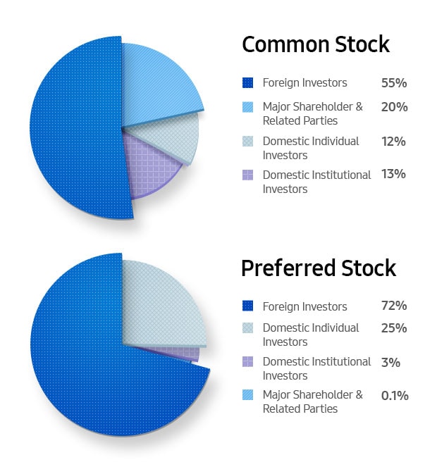 Common Stock. Foreign Investors 55%. Major Shareholder & Related Parties 20%. Domestic Individual Investors 12%. Domestic Institutional Investors 13%, Preferred Stock. Foreign Investors 72%. Domestic Individual Investors 25%. Domestic Institutional Investors 3%. Major Shareholder & Related Parties 0.1%