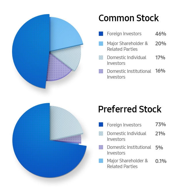 Common Stock. Foreign Investors 46%. Major Shareholder & Related Parties 20%. Domestic Individual Investors 17%. Domestic Institutional Investors 16%, Preferred Stock. Foreign Investors 73%. Domestic Individual Investors 21%. Domestic Institutional Investors 5%. Major Shareholder & Related Parties 0.1%