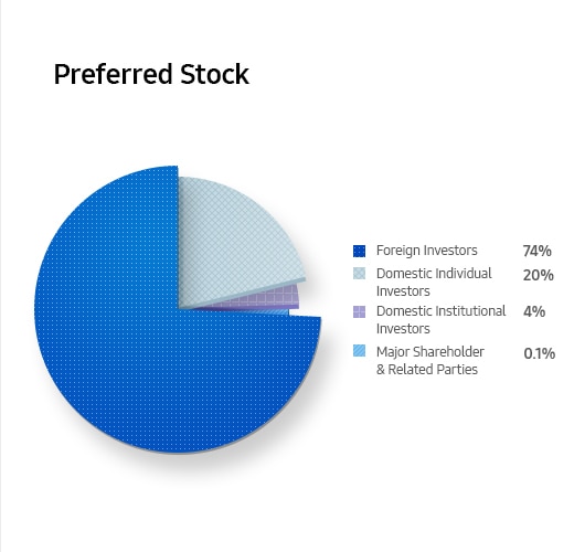 Preferred Stock. Foreign Investors 74%. Domestic Individual Investors 20%. Domestic Institutional Investors 4%. Major Shareholder & Related Parties 0.1%
