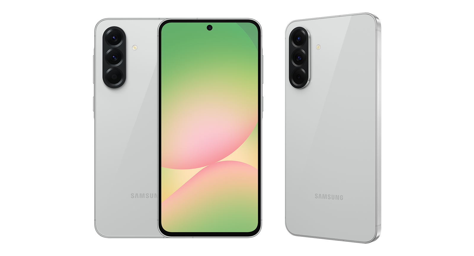 Three Galaxy A56 in Awesome Lightgrey are arranged, one in rear view, one in front view and another in rear view.