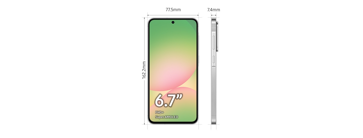 Een Galaxy A56 wordt weergegeven in vooraanzicht, met een schermgrootte van 6.7 inch of 77.5 mm bij 162.2 mm.