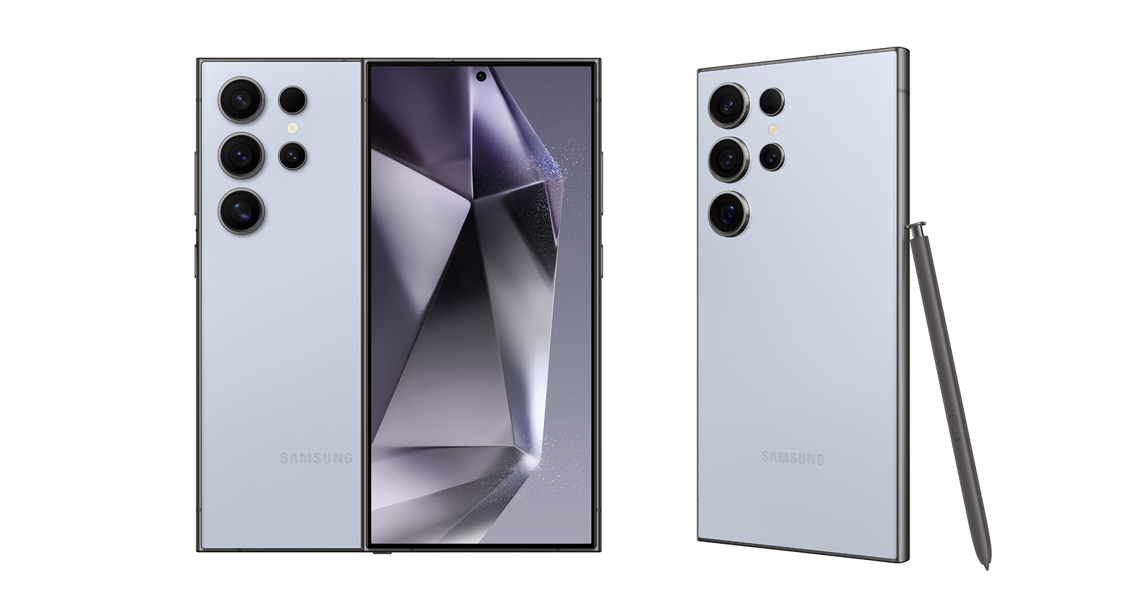 Zu sehen ist die Rückseite eines Galaxy S24 Ultra in der Farbe „Titanium Blue“.