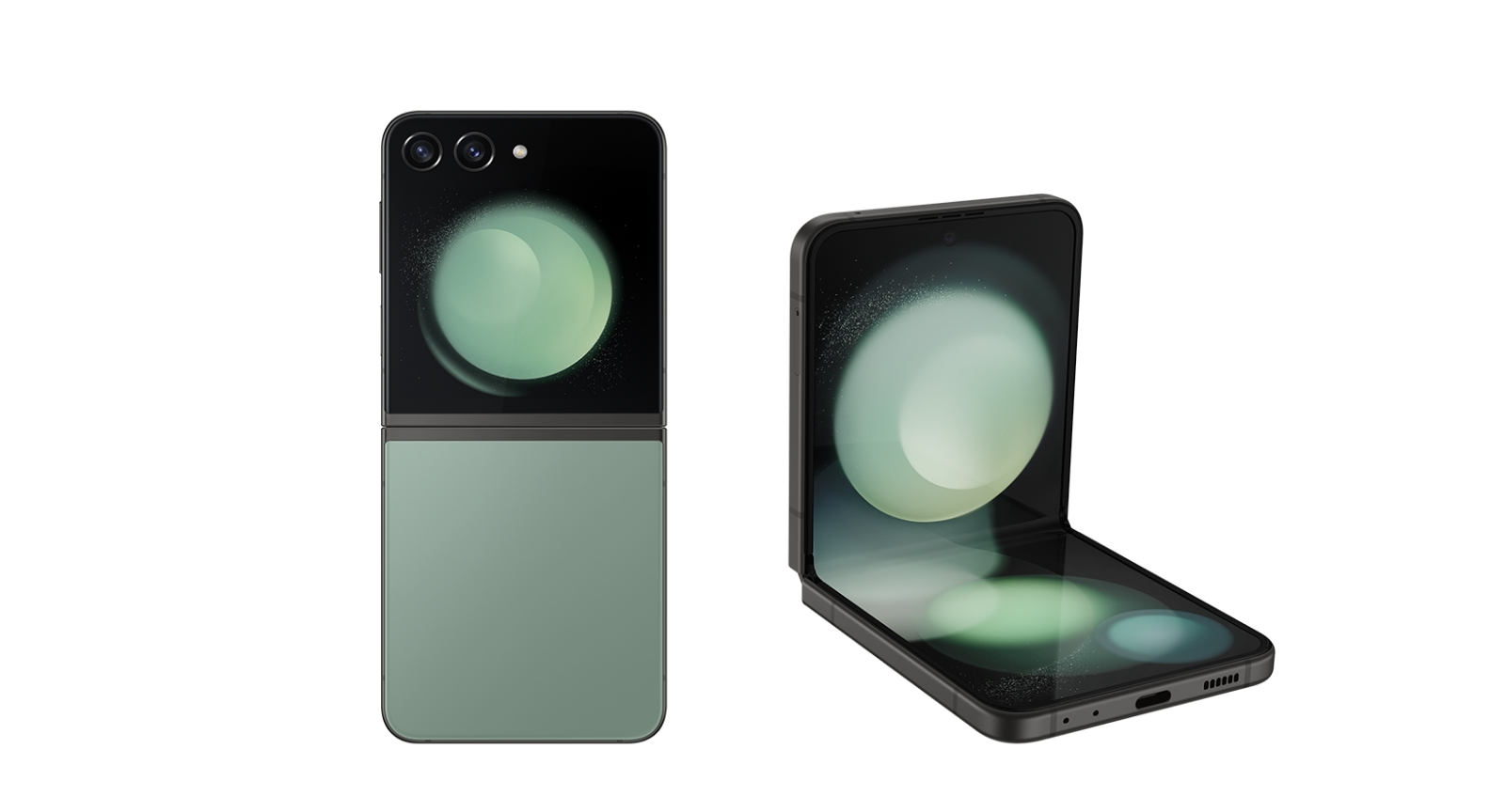 Galaxy Z Flip5 in Green, unfolded and seen from the rear.