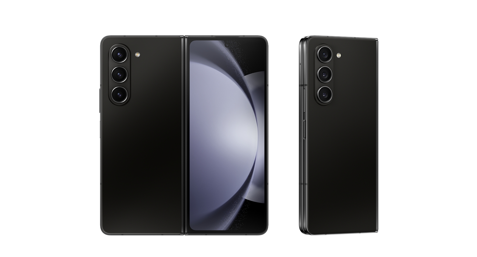 Galaxy Z Fold5 in Phantom Black is seen from three different angles. First, an unfolded Galaxy Z Fold5 is seen from the rear. Next, a close up of the side frame and Flex Hinge. Next, a close up of the Flex Hinge.