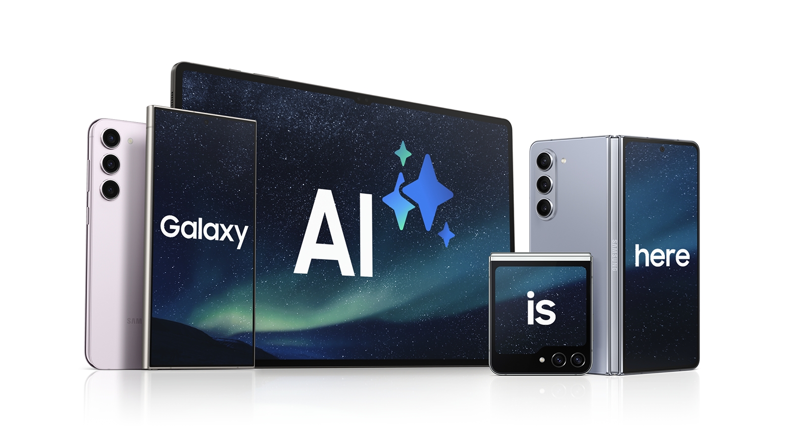 The words &quot;Galaxy AI is here&quot; is spelt out across the screens of various Samsung smartphones and tablet. The screen of a Galaxy S24 Ultra with the word &quot;Galaxy&quot;, Galaxy Tab S9 Ultra screen says &quot;AI&quot; with the Galaxy AI logo, Galaxy Z Flip5 rear screen says &quot;is&quot; and Galaxy Z Fold5 rear screen says &quot;here&quot;. 