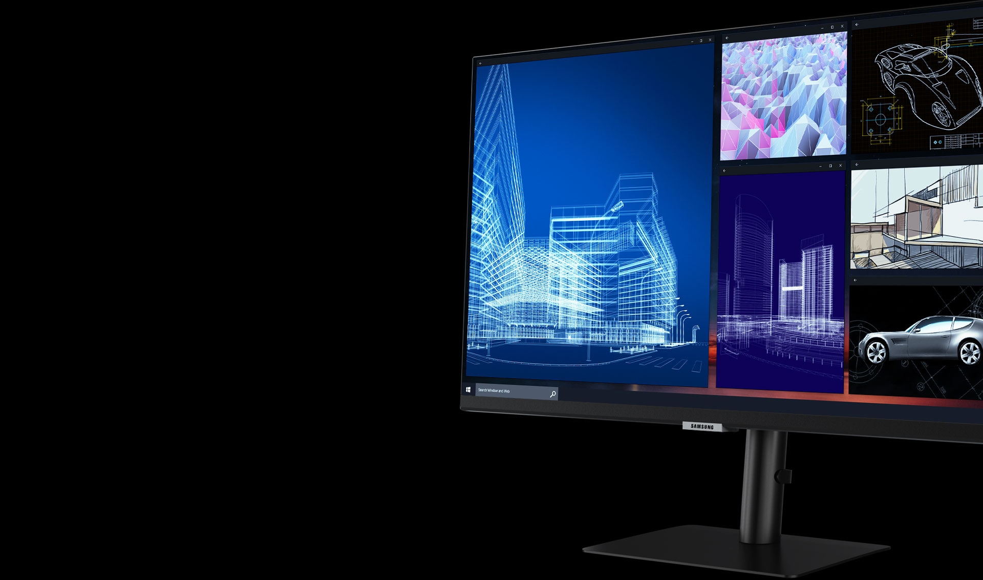 O monitor exibe seis desenhos separados em uma tela. Ocupando todo o lado esquerdo da tela do monitor, está um desenho digital de vários prédios altos. No lado direito da tela do monitor estão dois desenhos digitais semelhantes de vários prédios altos. Estes são acompanhados por plantas de carros. O monitor é girado para a esquerda e todo o suporte preto e a base ficam visíveis.