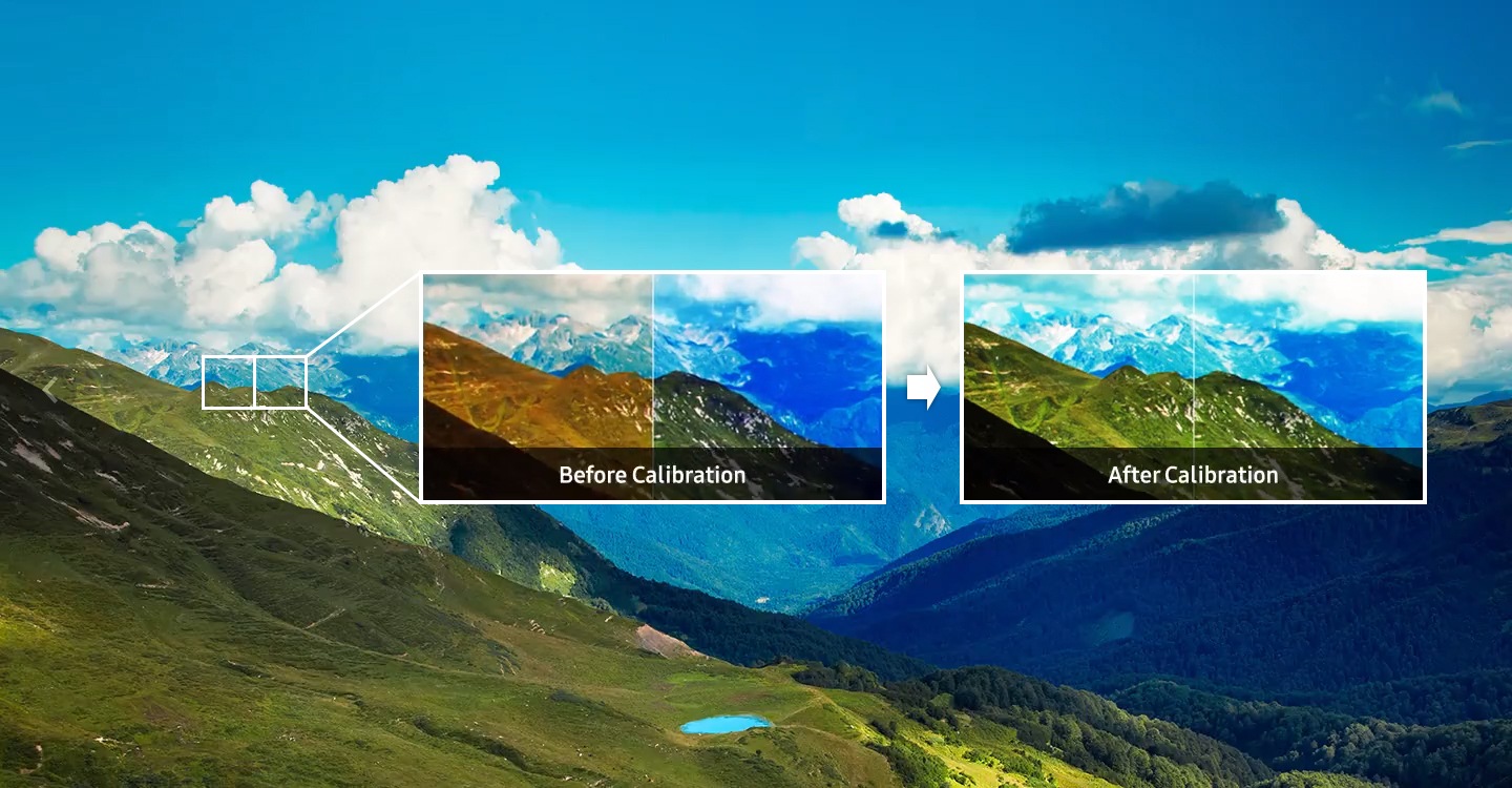 Gráfico en movimiento que muestra una escena de paisaje de montaña antes y después de la calibración.