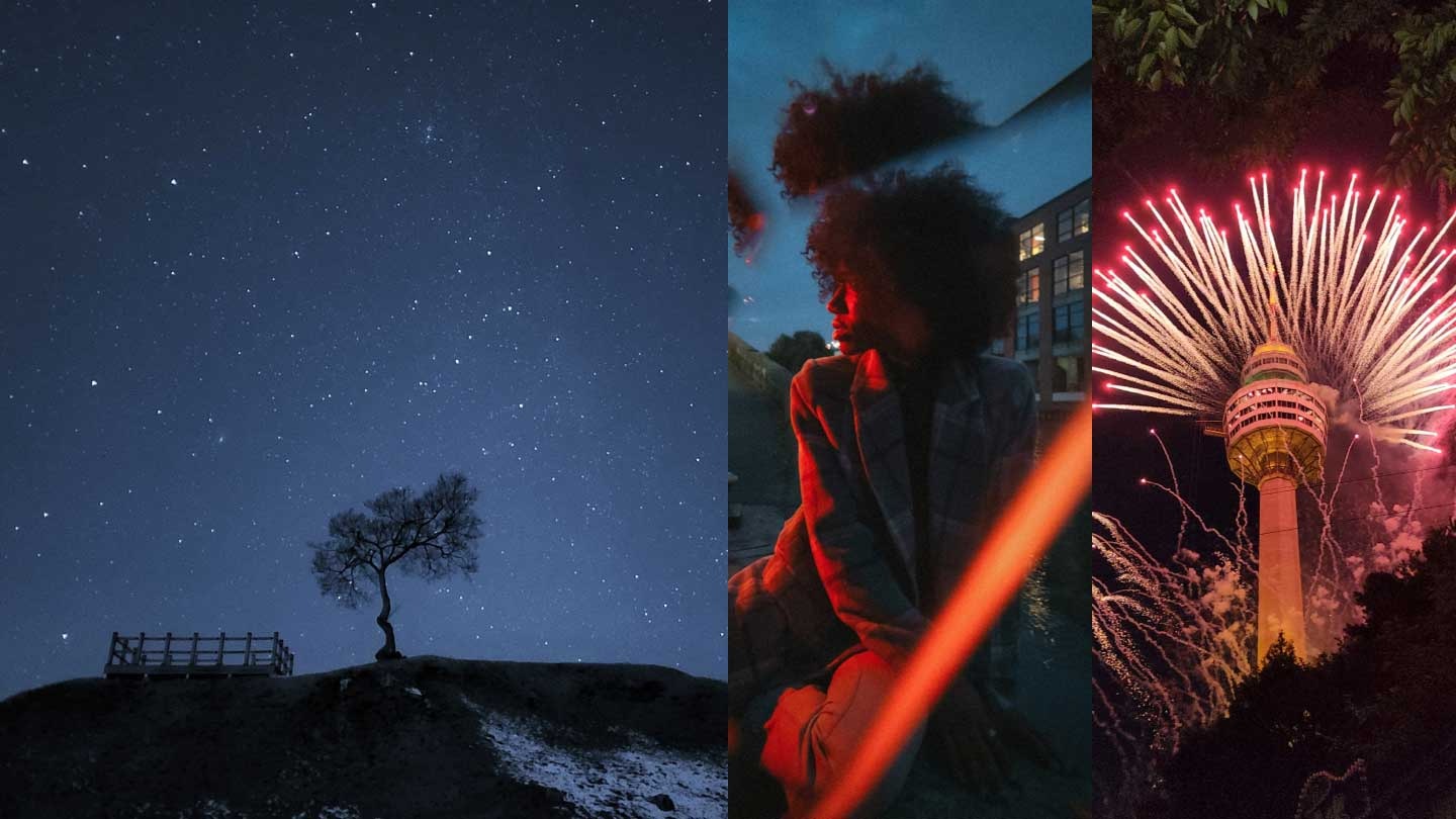 Κολάζ που αποτυπώνει ένα δέντρο μέσα στη νύχτα, μια γυναίκα κατά τη διάρκεια της μπλε ώρας και ροζ πυροτεχνήματα γύρω από έναν ουρανοξύστη στον νυχτερινό ουρανό.