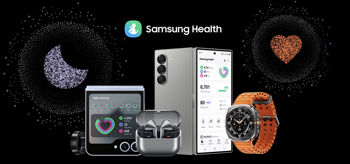 Το Galaxy Ring, το Galaxy Z Flip6, τα Galaxy Buds3 Pro, το Galaxy Z Fold6 και το Galaxy Watch7 ομαδοποιούνται με το κείμενο «Samsung Health» πάνω τους. Μεγάλα εικονίδια εφαρμογών για παρακολούθηση ύπνου και παρακολούθηση καρδιακών παλμών αιωρούνται πάνω από τις συσκευές.