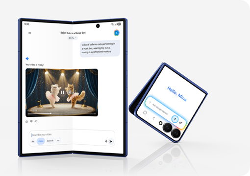 Ένα μερικώς διπλωμένο Galaxy Z Fold7 φαίνεται από την πλευρά της κύριας οθόνης. Το Google Gemini είναι ενεργό και έχει δημιουργήσει περιεχόμενο βίντεο με βάση το αίτημα του χρήστη. Το διπλωμένο Galaxy Z Flip7 φαίνεται επίσης από την πλευρά της εξωτερικής οθόνης. Το Google Gemini έχει ενεργοποιηθεί και είναι έτοιμο για συνομιλία.