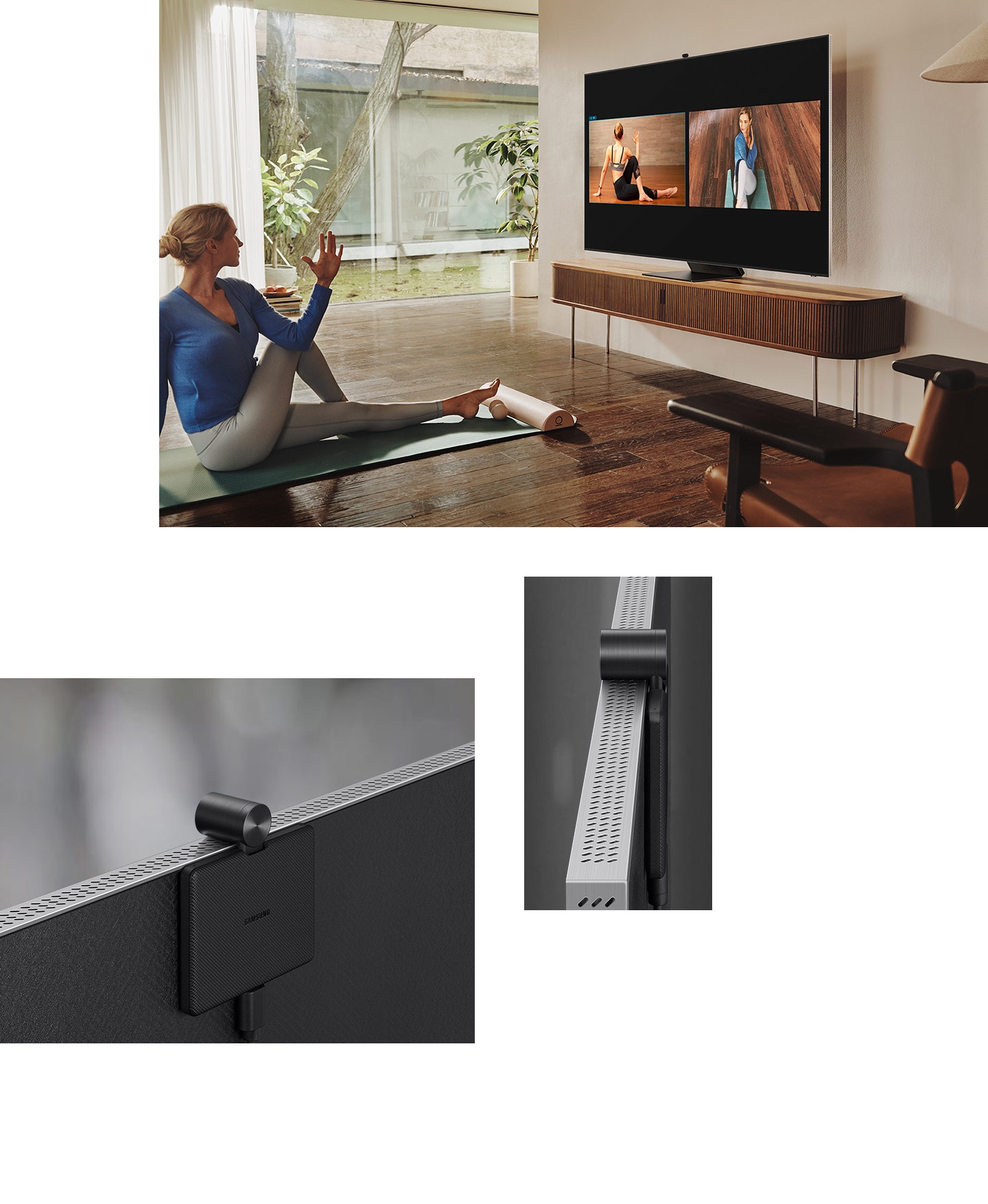 Πρώτον, μια γυναίκα εργάζεται στο σαλόνι της χρησιμοποιώντας το Slim fit cam. Η στάση της αντανακλάται στη Neo Qled σε μια οθόνη πολλαπλών προβολών Multi View.