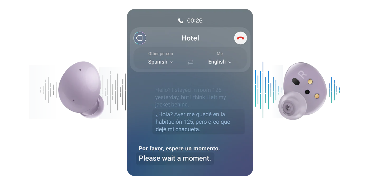 可以看到 Galaxy Buds2 的 Bora 紫耳機。 耳機之間是即時翻譯的 GUI。 背景中的聲波顯示即時翻譯。