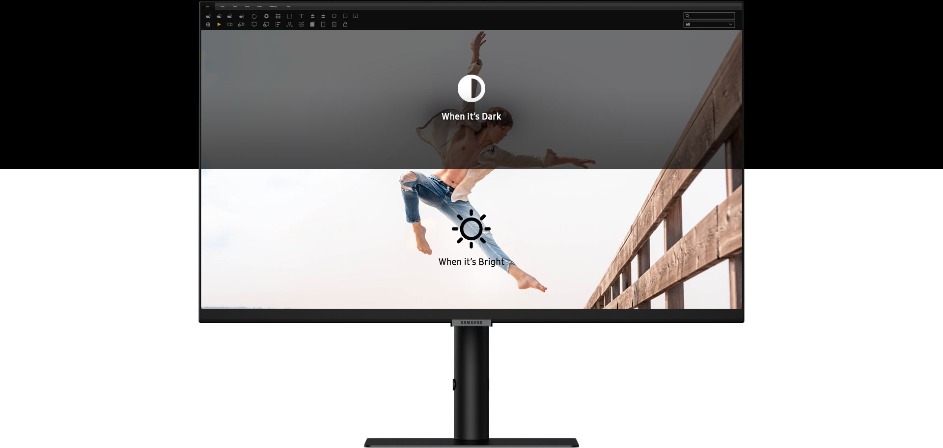 Monitor screen shows a man wearing an open shirt with his chest exposed and denim jeans, jumping in the air with his right arm in the air and left arm at a 90-degree angle creating a right angle shape. His right leg is bent and left leg is straight out with toes pointed while mid-air. To the right of the man is a wooden fence, all against a plain white background. It is overlaid with two boxes, with the top box being filled by a darker color. The top box is overlaid with the text “When it's dark” and the bottom box is overlaid with the text “When it's bright” to demonstrate the lighting adjustment capability of the monitor. The whole scene is superimposed within the bezels of the screen along with the monitor stand and base.
