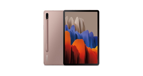 Frontal and rear views of a Mystic Bronze Galaxy Tab S7 with blue, orange and red shapes on display.