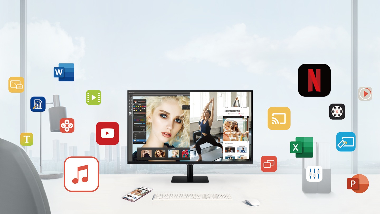 도시가 내려다 보이는 책상 위의 스마트 모니터입니다. Netflix, Excel, Powerpoint, Word, YouTube 및 iTunes를 비롯한 여러 앱 아이콘이 모니터를 둘러싸고 있습니다.
