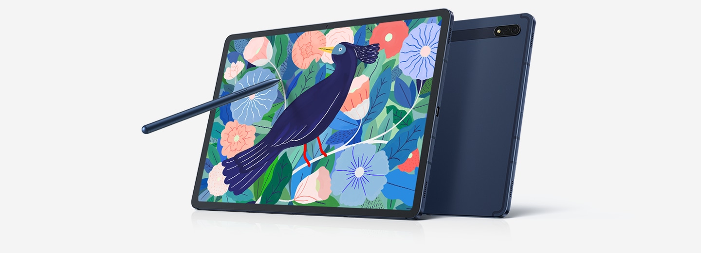 Galaxy Tab S7+ in Mystic Navy with the BookCover Keyboard and S Pen