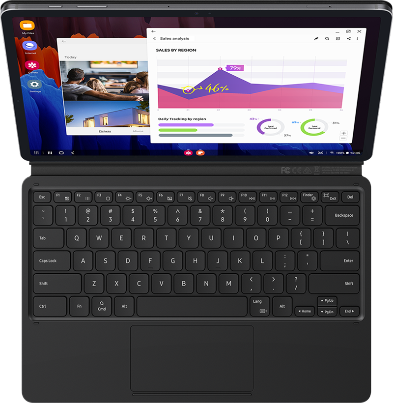 將磁性吸附的書本式鍵盤皮套連接 Galaxy Tab S7+ 後，你只需按下 DeX 鍵，即可輕鬆獲得如 PC 般的體驗。