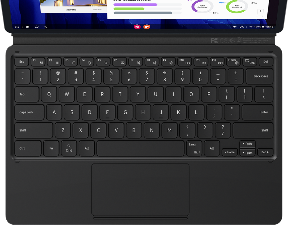 無線鍵盤分享功能將三星書本式鍵盤皮套連接至其他裝置，透過簡單的快捷鍵在裝置間進行切換。一圖示表示三星書本式鍵盤皮套透過藍牙連接，在Galaxy Tab S7+與其他裝置間進行切換。