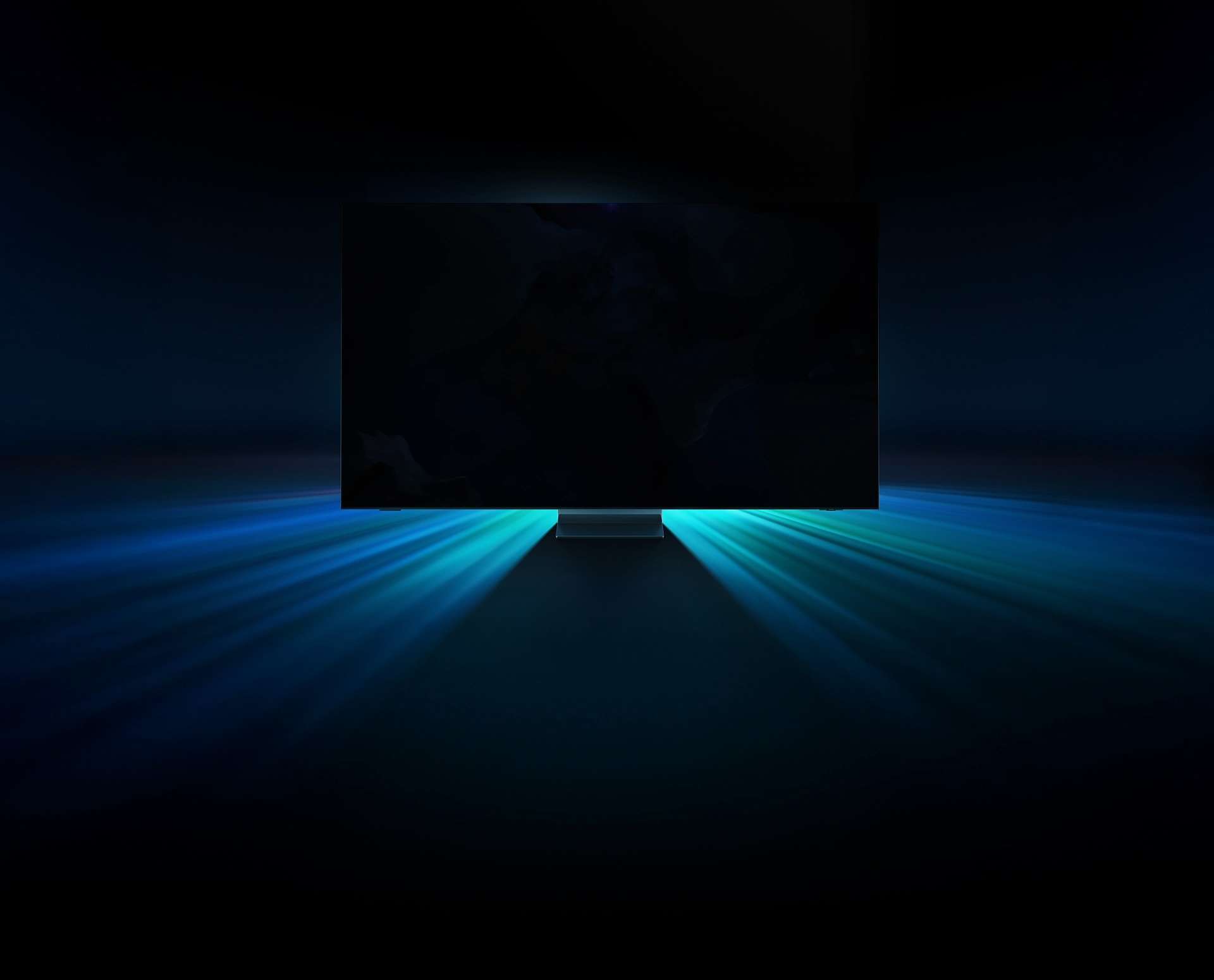 Samsung Neo QLED 電視在螢幕上顯示出鮮明的藍色異世界景觀。鮮明的藍色光線從電視中射出。